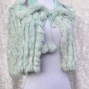 Mint Green Real Fur Knit Capelet with Pom Ties